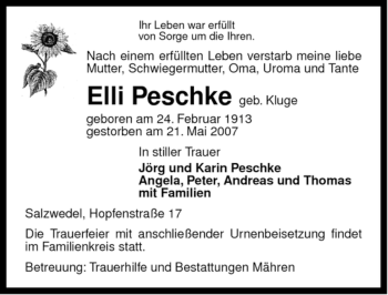 Traueranzeige von Elli Peschke von ALLGEMEINE ZEITUNG UELZEN