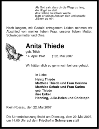 Traueranzeige von Anita Thiede von ALLGEMEINE ZEITUNG UELZEN