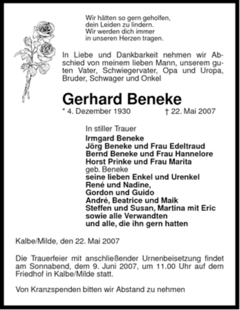 Traueranzeige von Gerhard Beneke von ALLGEMEINE ZEITUNG UELZEN