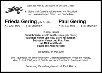 Traueranzeige von Frieda Gering von ALLGEMEINE ZEITUNG UELZEN