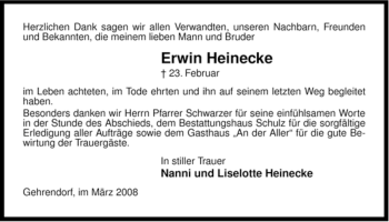 Traueranzeige von Erwin Heinecke von ALLGEMEINE ZEITUNG UELZEN