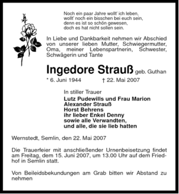 Traueranzeige von Ingedore Strauß von ALLGEMEINE ZEITUNG UELZEN