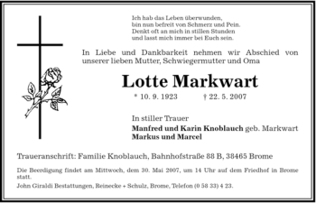 Traueranzeige von Lotte Marquardt von ALLGEMEINE ZEITUNG UELZEN