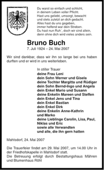 Traueranzeige von Bruno Buch von ALLGEMEINE ZEITUNG UELZEN