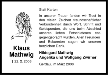 Traueranzeige von Klaus Mathwig von ALLGEMEINE ZEITUNG UELZEN