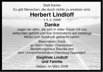 Traueranzeige von Herbert Lindloff von ALLGEMEINE ZEITUNG UELZEN