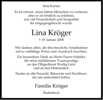 Traueranzeige von Lina Kröger von ALLGEMEINE ZEITUNG UELZEN