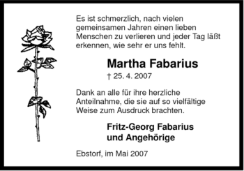 Traueranzeige von Martha Fabarius von ALLGEMEINE ZEITUNG UELZEN