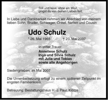 Traueranzeige von Udo Schulz von ALLGEMEINE ZEITUNG UELZEN