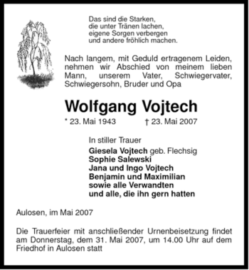 Traueranzeige von Wolfgang Vojtech von ALLGEMEINE ZEITUNG UELZEN