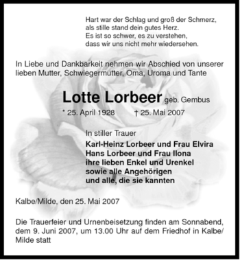 Traueranzeige von Lotte Lorbeer von ALLGEMEINE ZEITUNG UELZEN