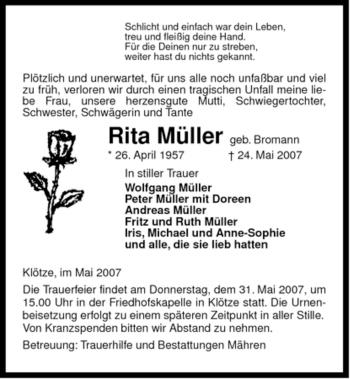 Traueranzeige von Rita Müller von ALLGEMEINE ZEITUNG UELZEN