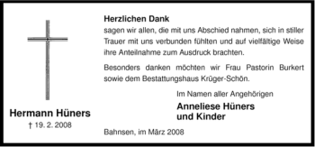 Traueranzeige von Hermann Hüners von ALLGEMEINE ZEITUNG UELZEN