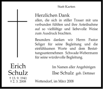 Traueranzeige von Erich Schulz von ALLGEMEINE ZEITUNG UELZEN