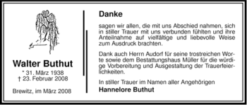 Traueranzeige von Walter Buthut von ALLGEMEINE ZEITUNG UELZEN