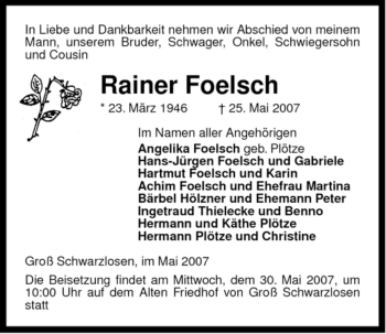 Traueranzeige von Rainer Foelsch von ALLGEMEINE ZEITUNG UELZEN