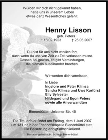 Traueranzeige von Henny Lisson von ALLGEMEINE ZEITUNG UELZEN