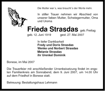 Traueranzeige von Frieda Strasdas von ALLGEMEINE ZEITUNG UELZEN