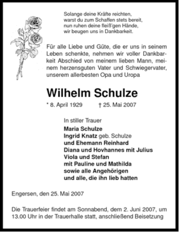 Traueranzeige von Wilhelm Schulze von ALLGEMEINE ZEITUNG UELZEN