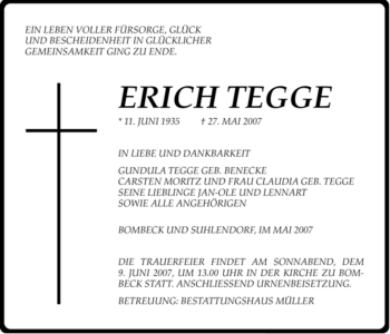 Traueranzeige von Erich Tegge von ALLGEMEINE ZEITUNG UELZEN