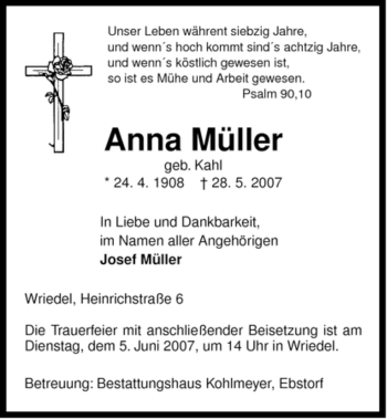 Traueranzeige von Anna Müller von ALLGEMEINE ZEITUNG UELZEN