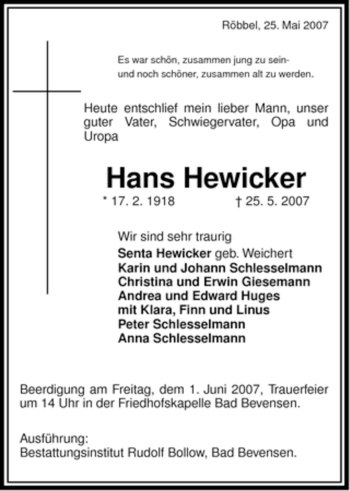 Traueranzeige von Hans Hewicker von ALLGEMEINE ZEITUNG UELZEN