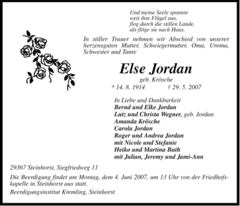 Traueranzeige von Else Jordan von ALLGEMEINE ZEITUNG UELZEN