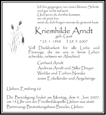 Traueranzeige von Kriemhilde Arndt von ALLGEMEINE ZEITUNG UELZEN