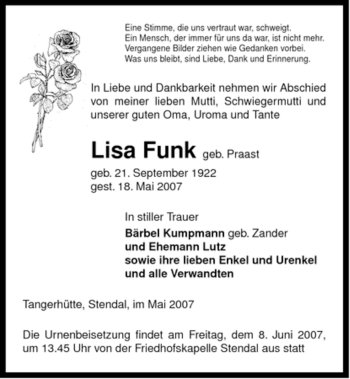 Traueranzeige von Lisa Funk von ALLGEMEINE ZEITUNG UELZEN