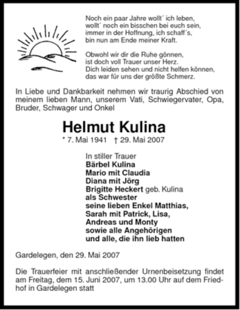 Traueranzeige von Helmut Kulina von ALLGEMEINE ZEITUNG UELZEN