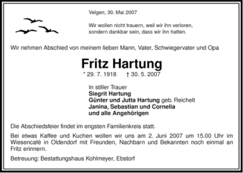 Traueranzeige von Fritz Hartung von ALLGEMEINE ZEITUNG UELZEN