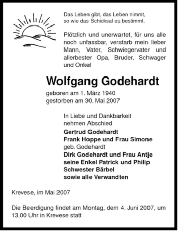 Traueranzeige von Wolfgang Godehardt von ALLGEMEINE ZEITUNG UELZEN