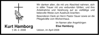 Traueranzeige von Kurt Hamborg von ALLGEMEINE ZEITUNG UELZEN