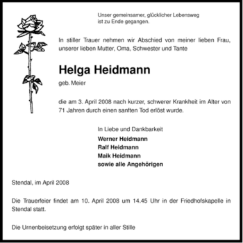 Traueranzeige von Helga Heidmann von ALLGEMEINE ZEITUNG UELZEN