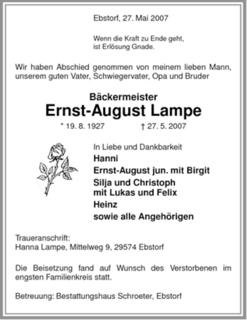 Traueranzeige von Ernst-August Lampe von ALLGEMEINE ZEITUNG UELZEN