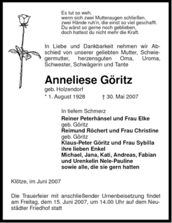 Traueranzeige von Anneliese Göritz von ALLGEMEINE ZEITUNG UELZEN