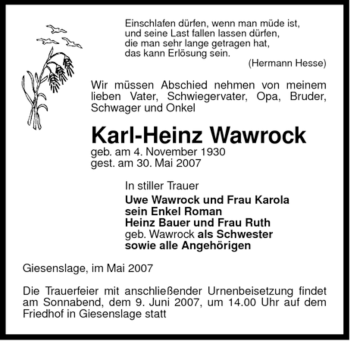 Traueranzeige von Karl-Heinz Wawrock von ALLGEMEINE ZEITUNG UELZEN