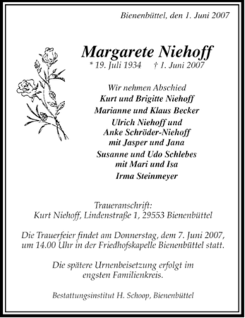 Traueranzeige von Margarete Niehoff von ALLGEMEINE ZEITUNG UELZEN