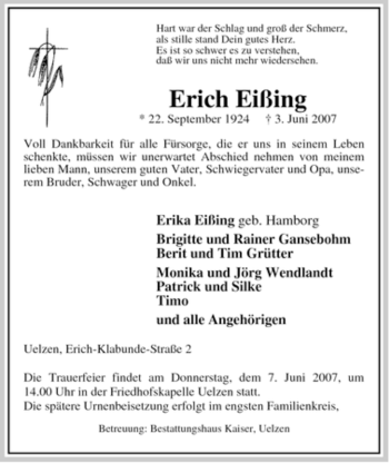 Traueranzeige von Erich Eißing von ALLGEMEINE ZEITUNG UELZEN