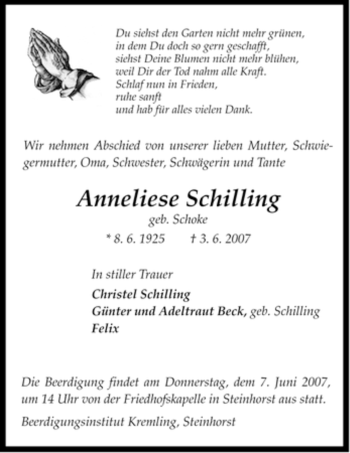 Traueranzeige von Anneliese Schilling von ALLGEMEINE ZEITUNG UELZEN