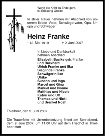 Traueranzeige von Heinz Franke von ALLGEMEINE ZEITUNG UELZEN