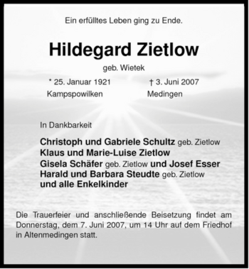Traueranzeige von Hildegard Zietlow von ALLGEMEINE ZEITUNG UELZEN