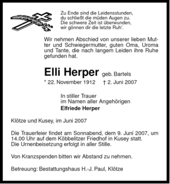 Traueranzeige von Elli Herper von ALLGEMEINE ZEITUNG UELZEN