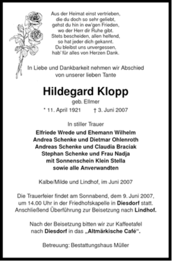 Traueranzeige von Hildegard Klopp von ALLGEMEINE ZEITUNG UELZEN