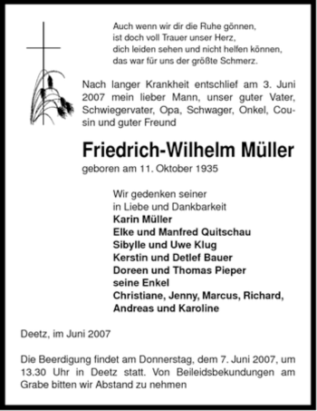 Traueranzeige von Friedrich-Wilhlem Müller von ALLGEMEINE ZEITUNG UELZEN