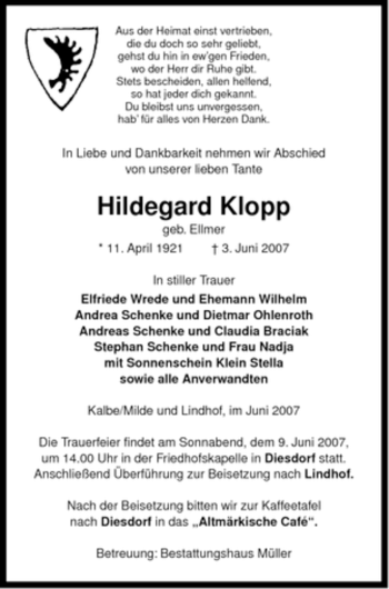 Traueranzeige von Hildegard Klopp von ALLGEMEINE ZEITUNG UELZEN