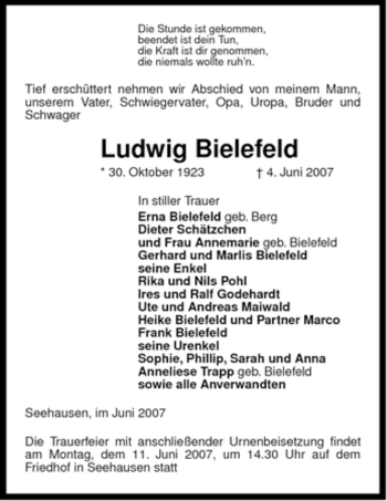 Traueranzeige von Ludwig Bielefeld von ALLGEMEINE ZEITUNG UELZEN