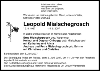 Traueranzeige von Leopold Mialschegrosch von ALLGEMEINE ZEITUNG UELZEN