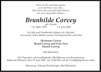 Traueranzeige von Brunhilde Corvey von ALLGEMEINE ZEITUNG UELZEN