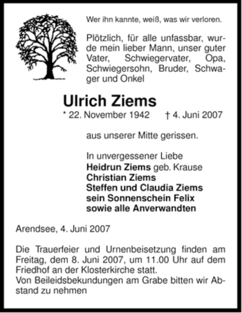 Traueranzeige von Ulrich Ziems von ALLGEMEINE ZEITUNG UELZEN